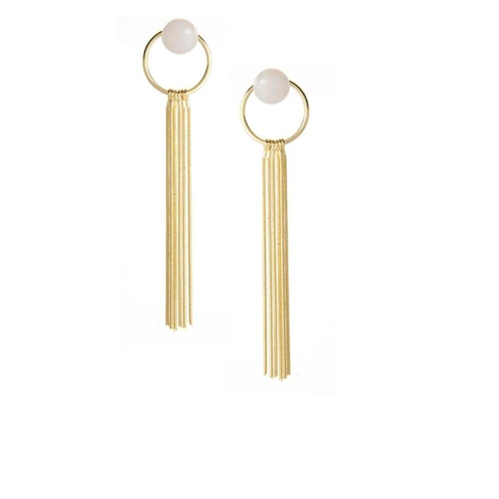 Rivka Friedman Rose Quartz Polished Ring Tassel Jacket Earrings